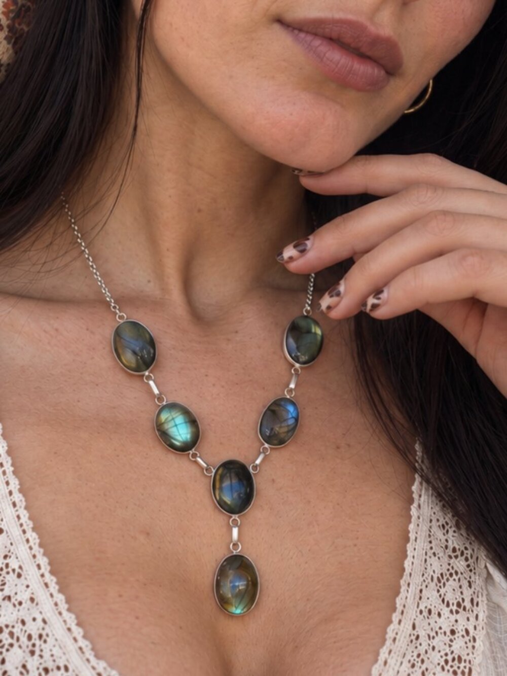Labradorite 925 Sterling Silver Lariat Y Necklace Blue Green Flash Artisan 19"